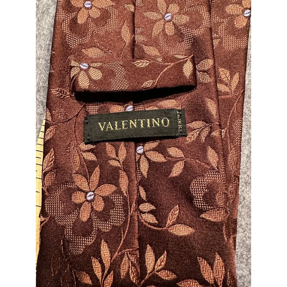 Valentino Mens Silk Tie Brown Floral Jacquard Woven Made in Italy Classic Width